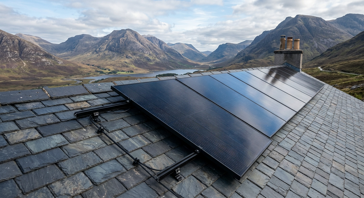 Close-up of solar panels installed on a Scottish slate roof